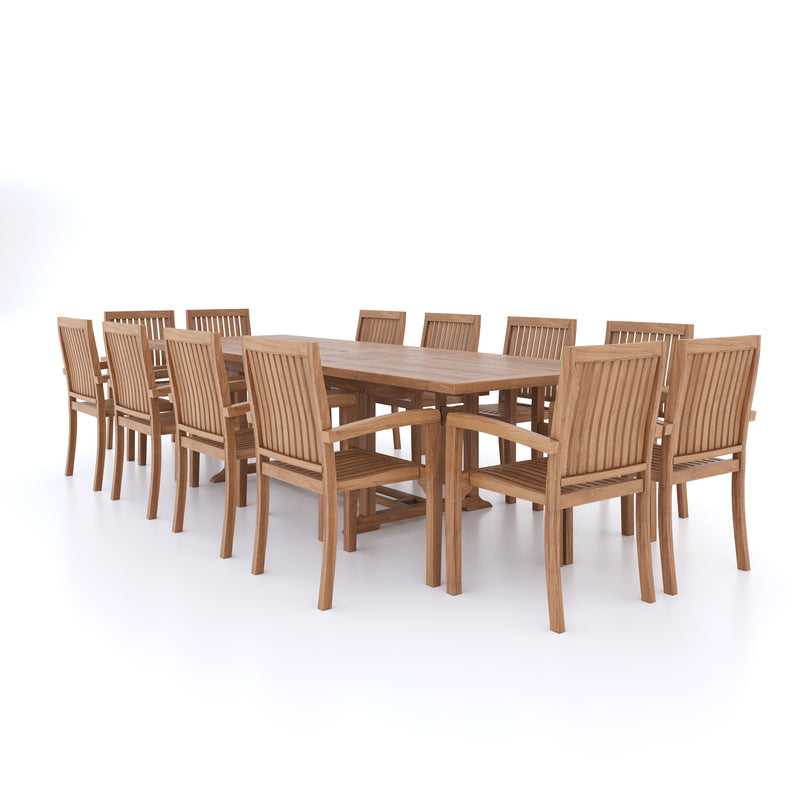 Giant Teak Set 200cm to 300cm Rectangle Extending Table with 12 Henley Stacking Chairs