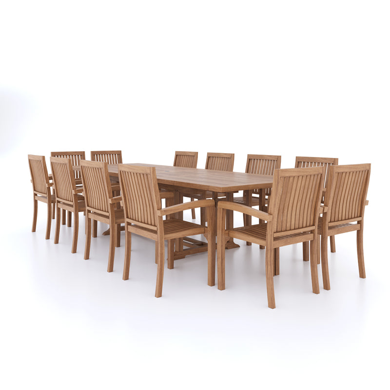 Giant Teak Garden Furniture Set 200-300cm Rectangle Extending Table 4cm Top (12 Henley Stacking Chairs) Cushions included.