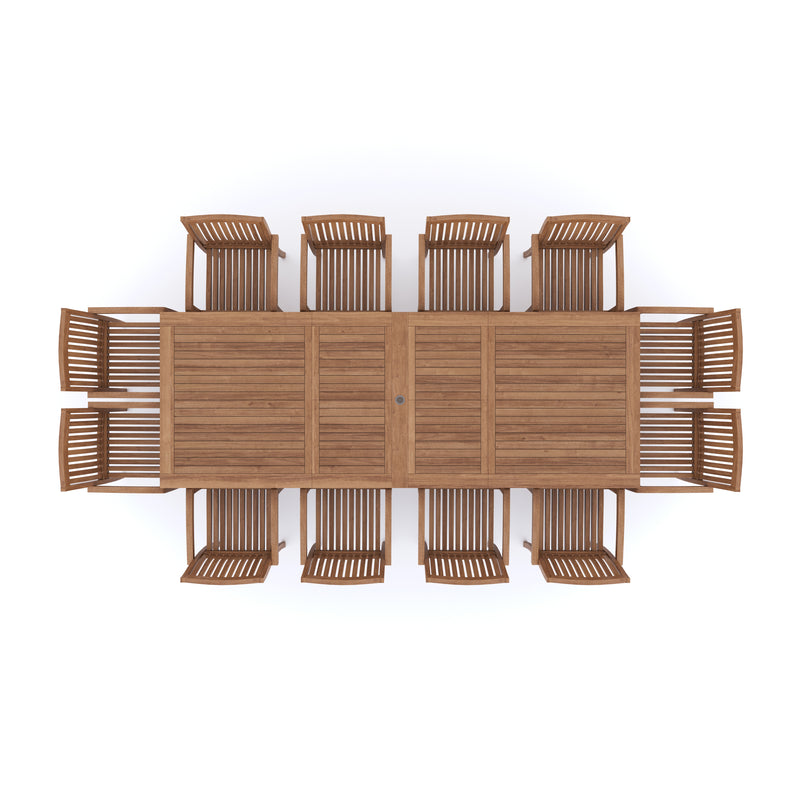 Giant Teak Set 200cm to 300cm Rectangle Extending Table with 12 Henley Stacking Chairs