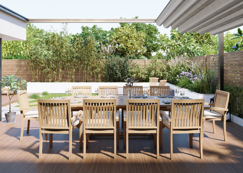Clearance Teak Garden Furniture 2-3m Oval Extending Table 4cm Top (10 Henley Stacking Chairs) Cushions included.