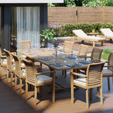 Teak Garden Furniture Set 200-300cm Rectangle Extending Table 4cm Top (10 Stacking Chairs) Cushions included.