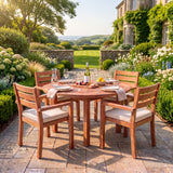 Teak Set 120cm Maximus Round Fixed Table, 4cm Top (4 x Marlow Stacking Chairs) Cushions Included: Beautiful Outdoor Teak Seat - UK and Ireland garden setting - image 4