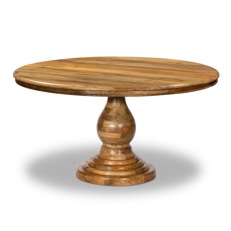 150cm Round Solid Wood Table with Ornate Base and 6 Curved Ash Chairs