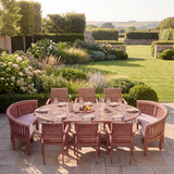 Teak 180-240cm Oval Extending Table 4cm Top (6 Oxford Stacking Chairs 2 San Francisco Benches) Cushions included - Timeless Teak Outdoor Dining Set - UK and Ireland garden setting - image 1