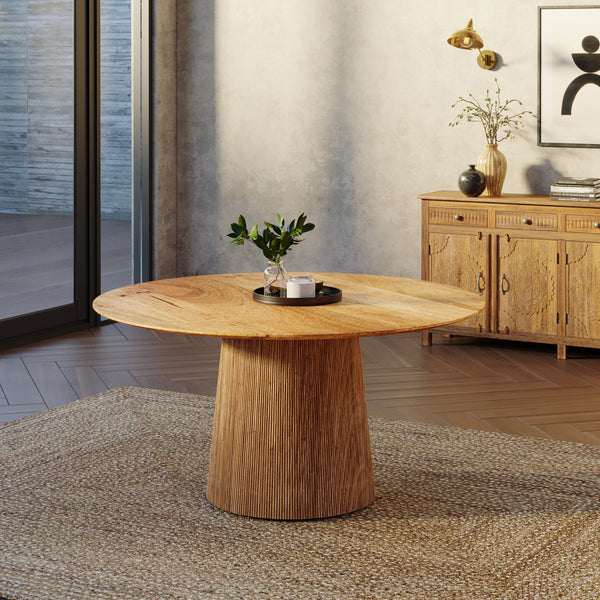 Solid Wood 150cm Round Dining Table, Fluted Base, Natural Finish