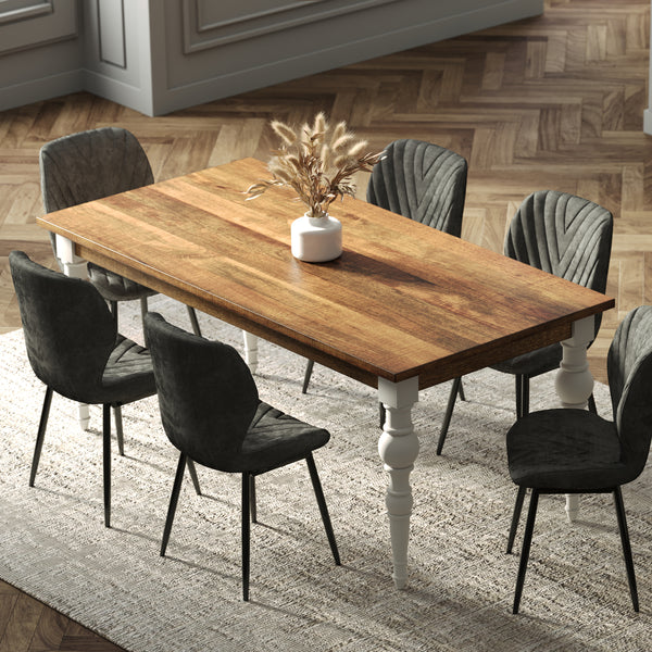 180cm Rectangle Solid Wood Table with Ornate White Legs and 6 Grey Velvet Chairs