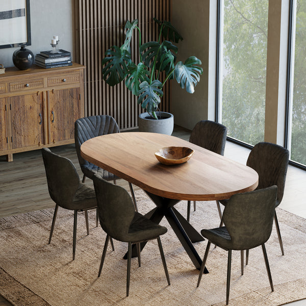 180cm Oval Solid Wood Table with Metal Legs and 6 Grey Velvet Chairs