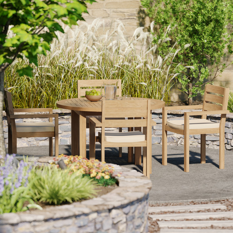 Teak Set 120cm Maximus Round Fixed Table, 4cm Top (4 x Marlow Stacking Chairs) Cushions included.