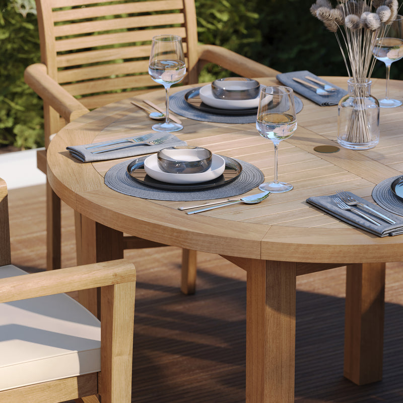 Teak Set 120cm Maximus Round Fixed Table, 4cm Top (4 x Oxford Stacking Chairs) Cushions included.