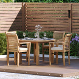 Teak Set 120cm Maximus Round Fixed Table, 4cm Top (4 x Oxford Stacking Chairs) Cushions included.