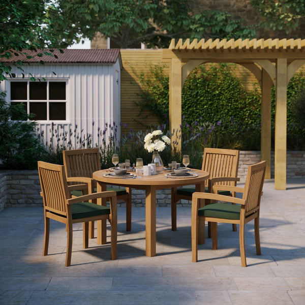 Teak Set 120cm Maximus Round Fixed Table, 4cm Top (4 x Henley Stacking Chairs) Cushions included.