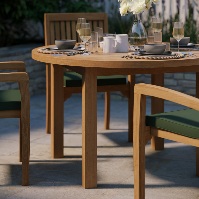 Teak Set 120cm Maximus Round Fixed Table, 4cm Top (4 x Henley Stacking Chairs) Cushions included.