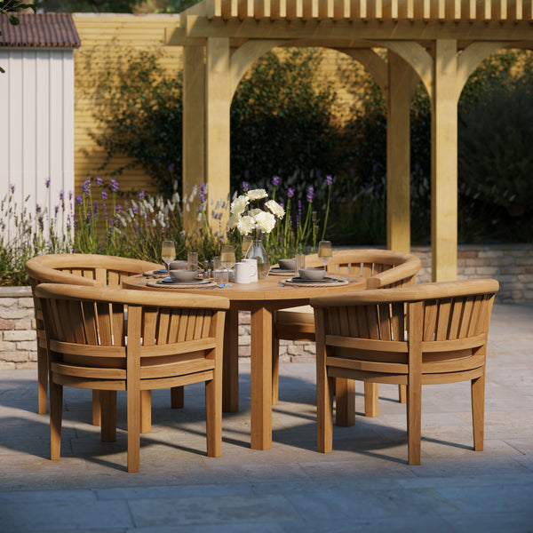 Teak Set 120cm Maximus Round Fixed Table, 4cm Top (4 x San Francisco Chairs) Cushions included.