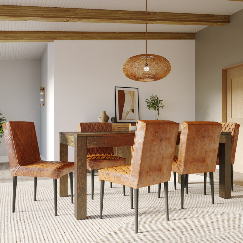 180cm Rectangle Parquet Teak Table with 6 Real Leather Chairs in Brown