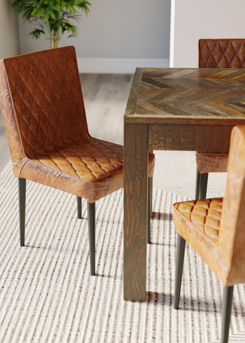 180cm Rectangle Parquet Teak Table with 6 Real Leather Chairs in Brown