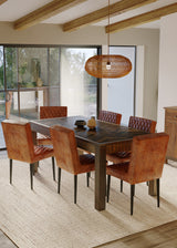 180cm Rectangle Parquet Teak Table with 6 Real Leather Chairs in Brown