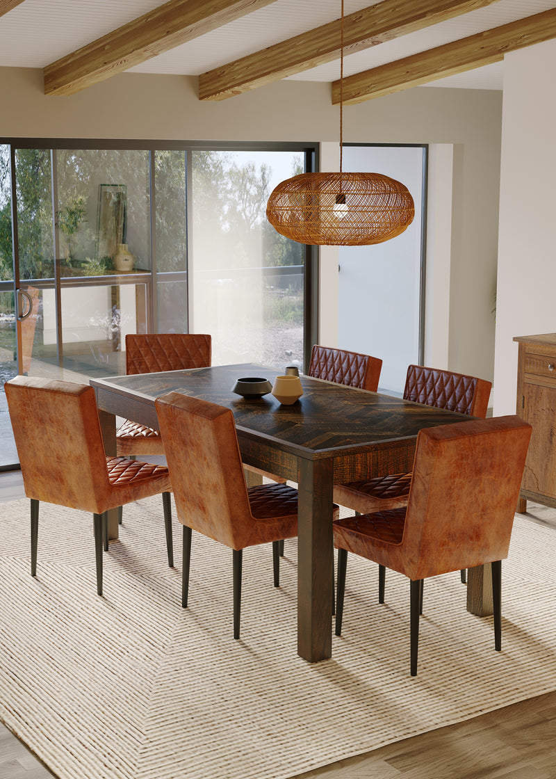 180cm Rectangle Parquet Teak Table with 6 Real Leather Chairs in Brown