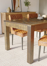 180cm Rectangle Parquet Teak Table with 6 Real Leather Chairs in Brown