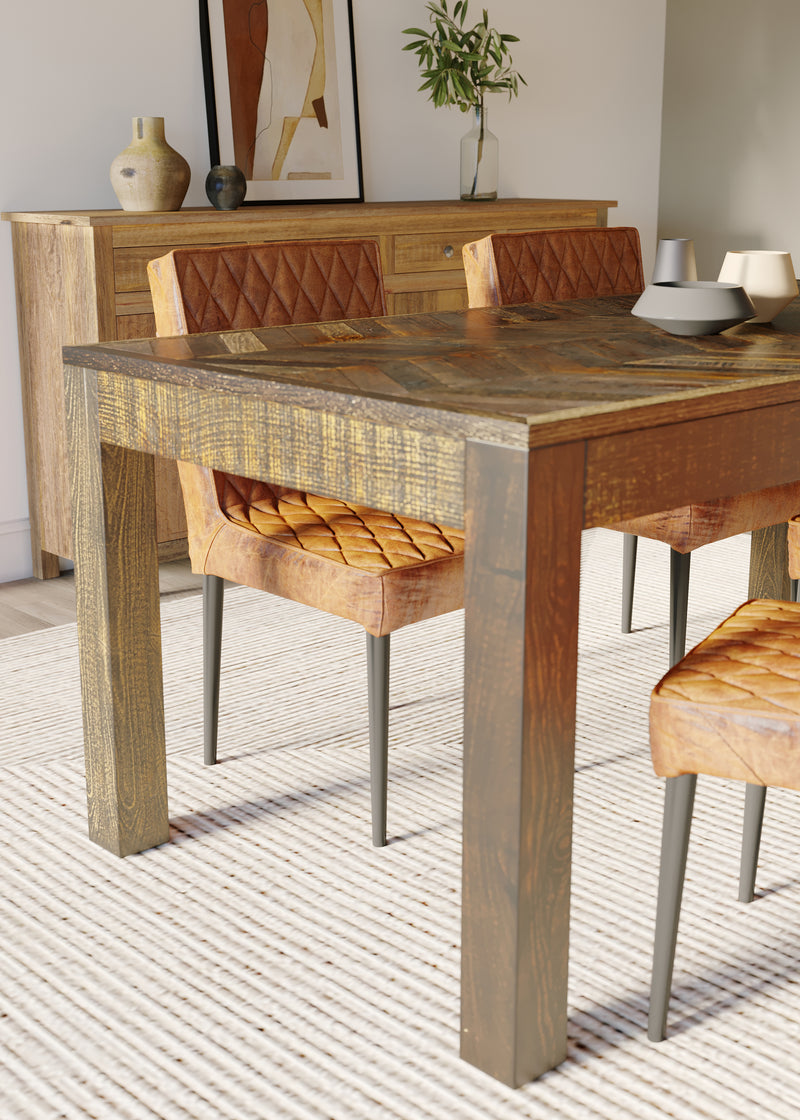180cm Rectangle Parquet Teak Table with 6 Real Leather Chairs in Brown