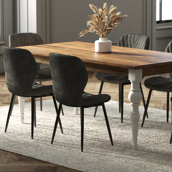 180cm Rectangle Solid Wood Table with Ornate White Legs and 6 Grey Velvet Chairs