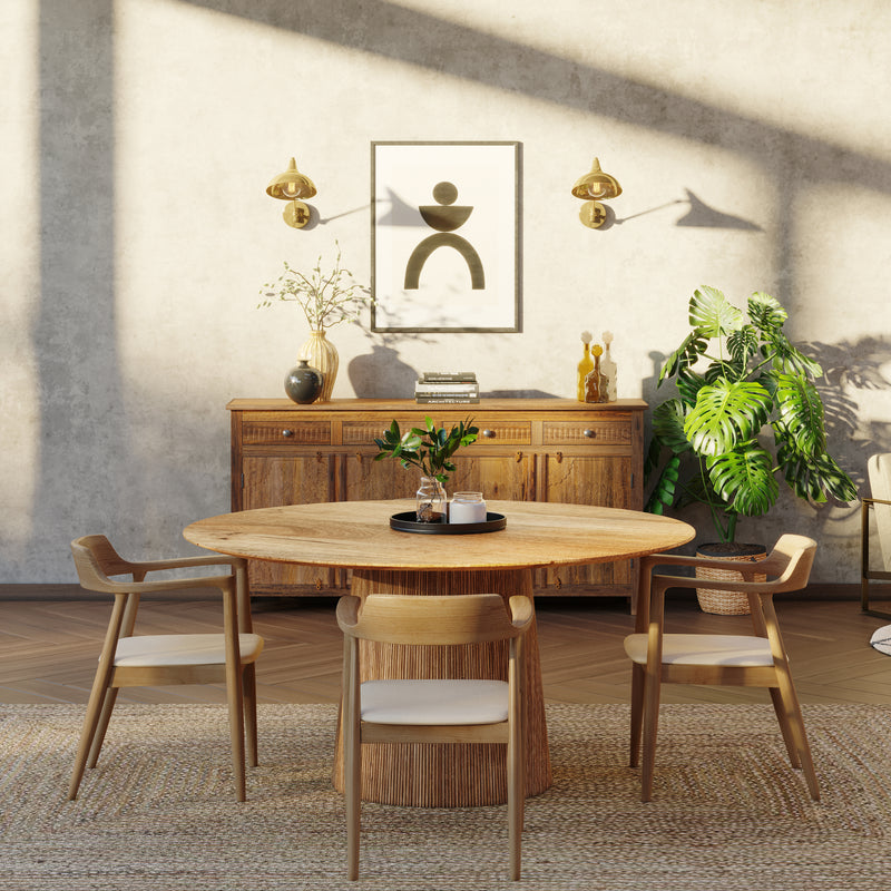 150cm Round Solid Wood Table with Fluted Base and 4 Curved Ash Chairs