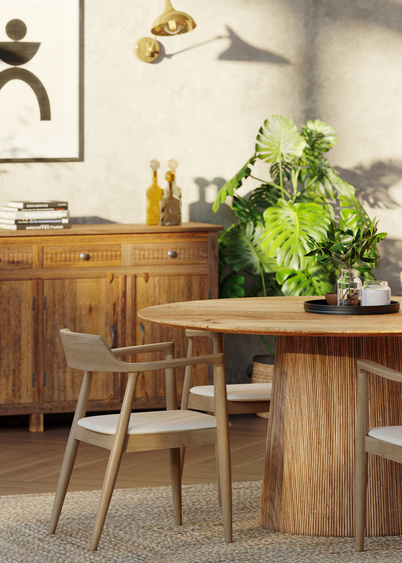150cm Round Solid Wood Table with Fluted Base and 4 Curved Ash Chairs