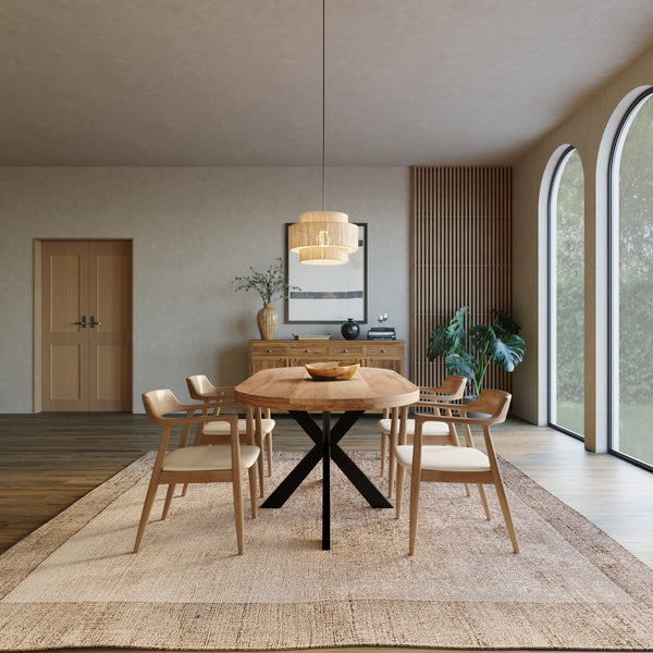 180cm Oval Solid wood table with metal legs and 4 curved ash chairs