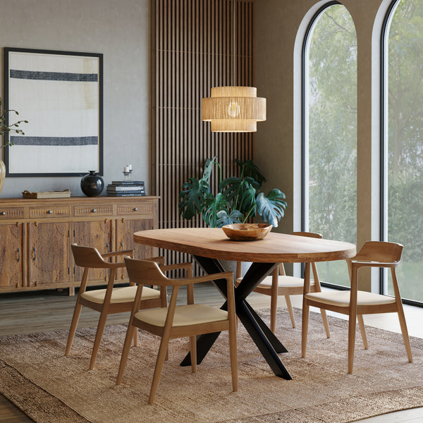 180cm Oval Solid wood table with metal legs and 4 curved ash chairs