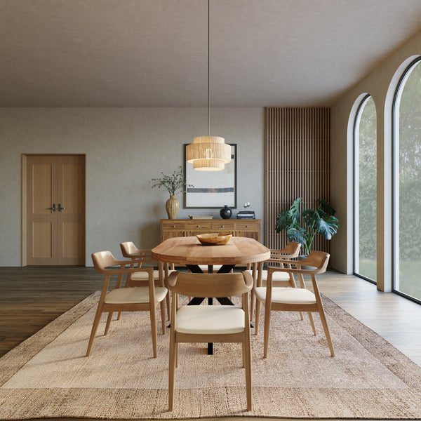 180cm Oval Solid Wood Table with Metal Legs and 6 Curved Ash Chairs