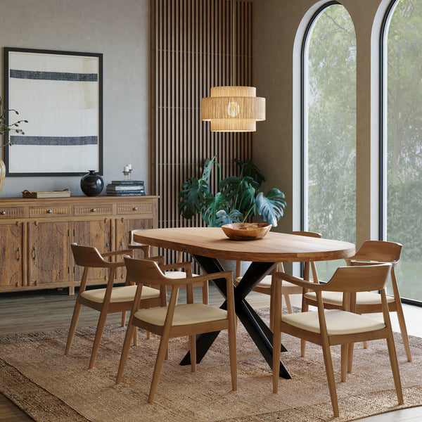 180cm Oval Solid Wood Table with Metal Legs and 6 Curved Ash Chairs