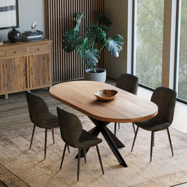 180cm Oval Solid Wood Table with Metal Legs and 4 Grey Velvet Chairs