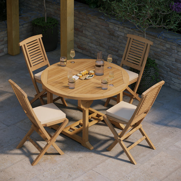 Teak Round To Oval 120-170cm Extending Table 4cm Top (4 folding Hampton Chairs) cushions included.