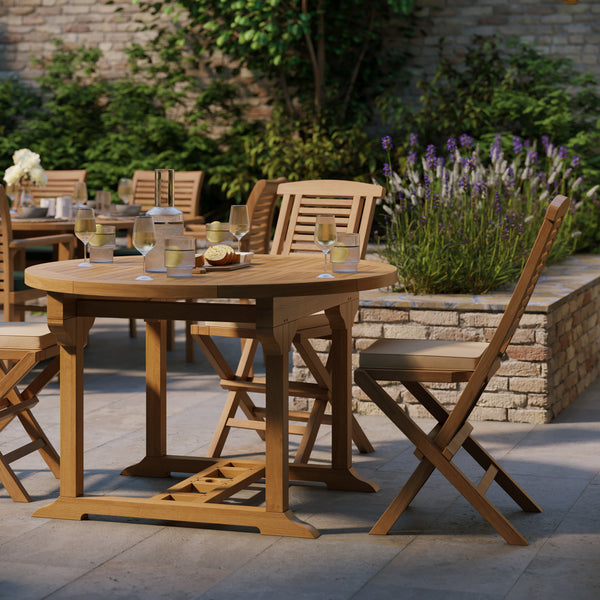Teak 120cm to 170cm Round to Oval Extending Table with 4 Hampton Folding Chairs