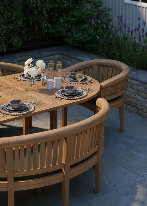Teak Set Oval 2-3m Extending Table 4cm Top (2 San Francisco Chairs 2 Benches) Cushions included.