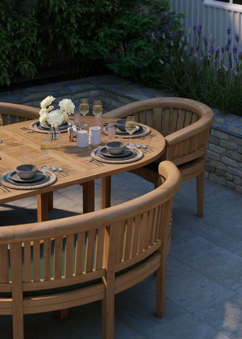 Teak Set Oval 180-240cm Extending Table 4cm Top (2 San Francisco Chairs 2 Benches) Cushions included.