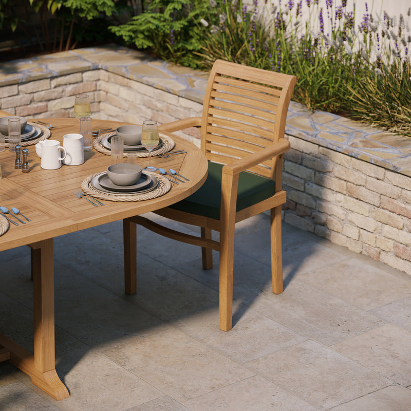 Teak Garden Furniture 2-3m Oval Extending Table 4cm Top (10 Stacking Chairs) Cushions included.