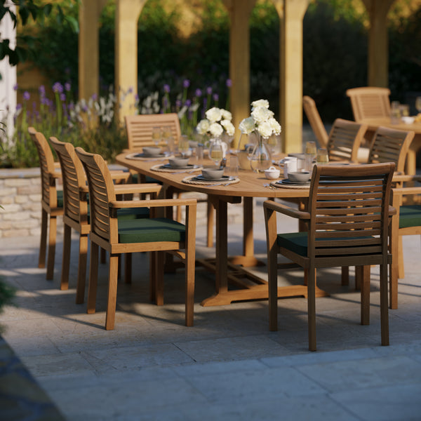 180cm to 240cm Teak Oval Extending Table with 8 Oxford Stacking Chairs