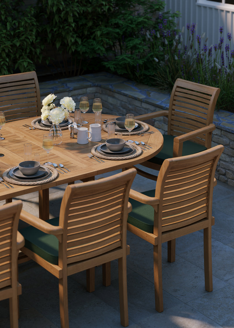 Teak Garden Furniture Oval 180-240cm Extending Table 4cm Top (8 Stacking Chairs) cushions included.