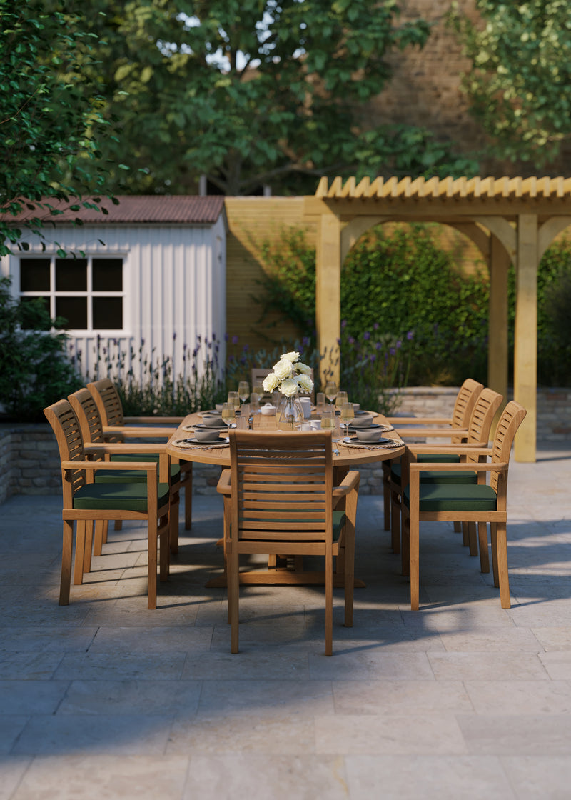 180cm to 240cm Teak Oval Extending Table with 8 Oxford Stacking Chairs