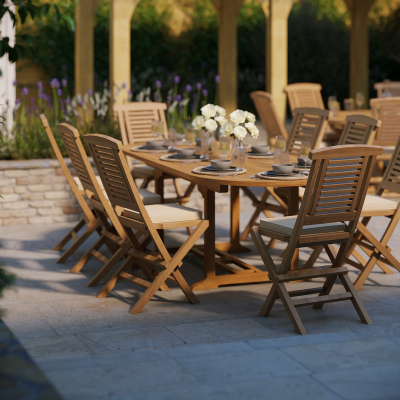 Teak Garden Furniture Oval 180-240cm Extending Table 4cm Top (8 Hampton Chairs) Cushions included.