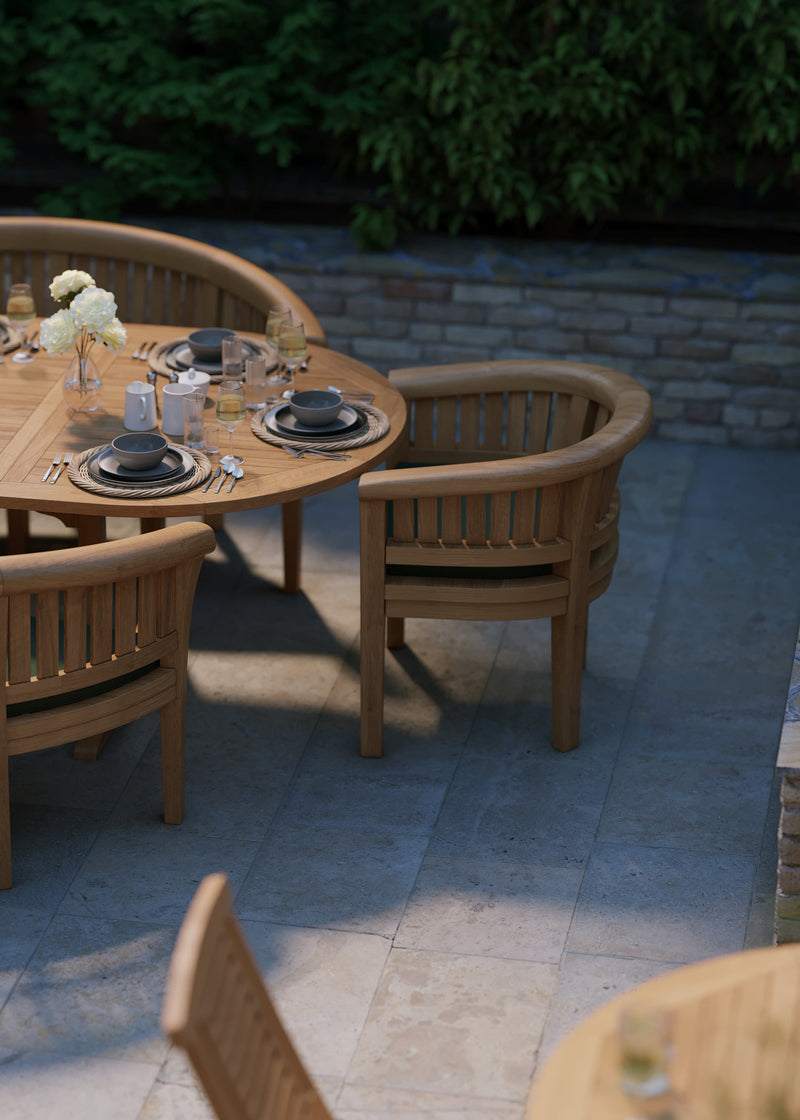 7-Day Delivery - Teak Garden Furniture Set Oval 180-240cm Extending Table 4cm Top (2 San Francisco Chairs 2 Benches) Cushions included.