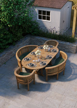 7-Day Delivery - Teak Garden Furniture Set Oval 180-240cm Extending Table 4cm Top (2 San Francisco Chairs 2 Benches) Cushions included.