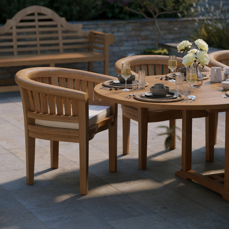 Teak Garden Furniture Set Oval 2-3m Extending Table 4cm Top (8 San Francisco Chairs) Cushions included.