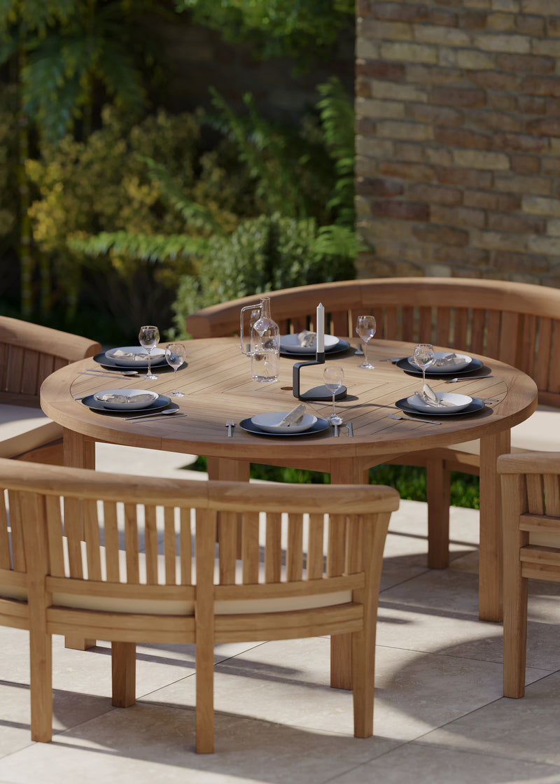 Luxor 150cm Round Teak Table 4cm Table Top (2 San Francisco Benches, 2 San Francisco Chairs) Cushions included.