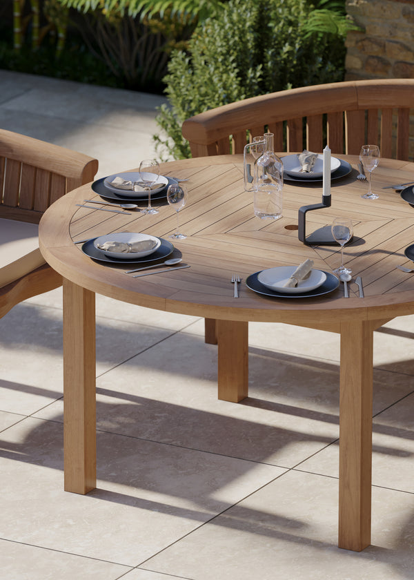 Luxor 150cm Round Teak Table 4cm Table Top (2 San Francisco Benches, 2 San Francisco Chairs) Cushions included.