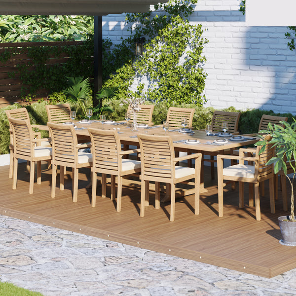 Giant Teak Set 2-3m Rectangle Extending Table 4cm Top (12 Oxford Stacking Chairs) Cushions included.