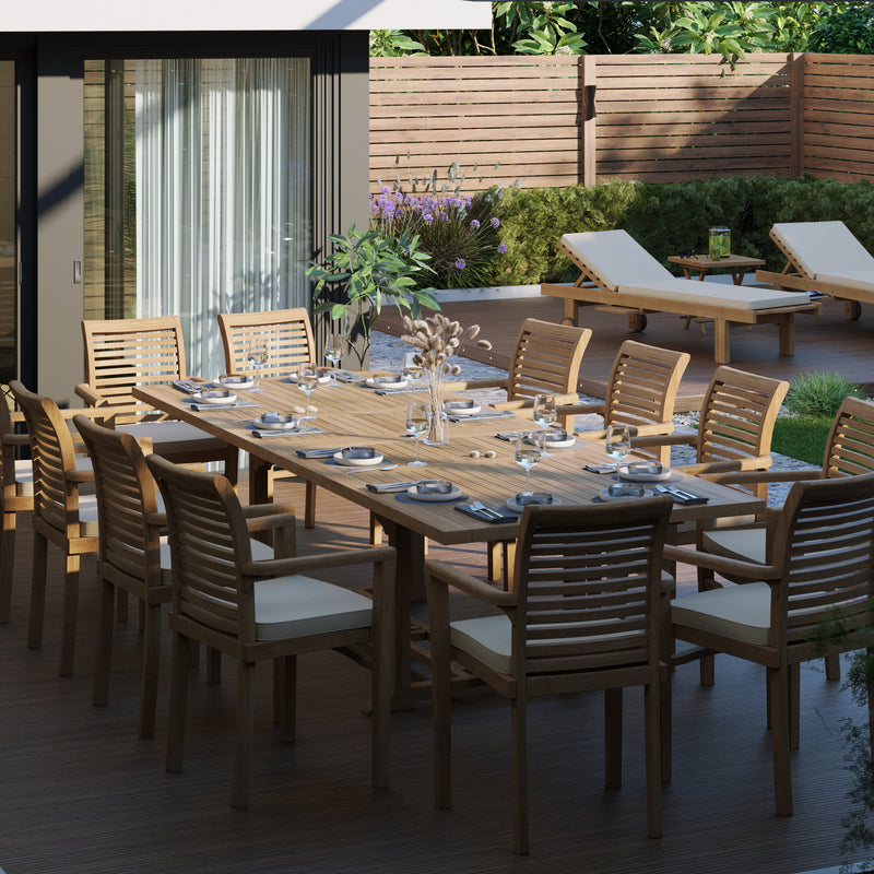 Giant Teak Garden Furniture Set 2-3m Rectangle Extending Table 4cm Top (12 Stacking Chairs) Cushions included.