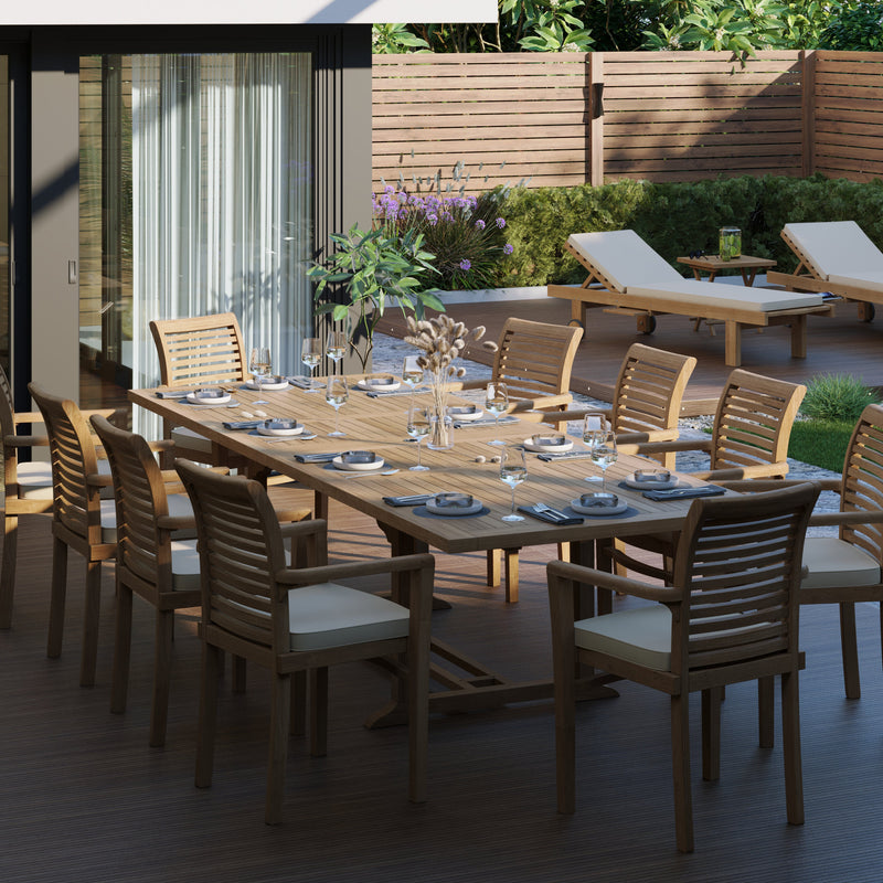 Teak Set 200-300cm Rectangle Extending Table 4cm Top (10 Oxford Stacking Chairs) Cushions included.