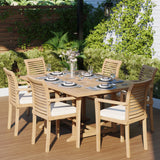 CLEARANCE Teak Garden Furniture Square To Rectangle 120-170cm Extending Table 4cm Top (6 Stacking Chairs) Cushions included.