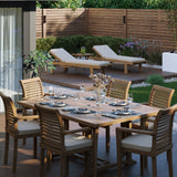 CLEARANCE Teak Garden Furniture Square To Rectangle 120-170cm Extending Table 4cm Top (6 Stacking Chairs) Cushions included.